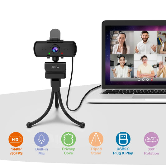 NNEOBA 1440p Full HD USB Webcam with Microphone Tripod Black